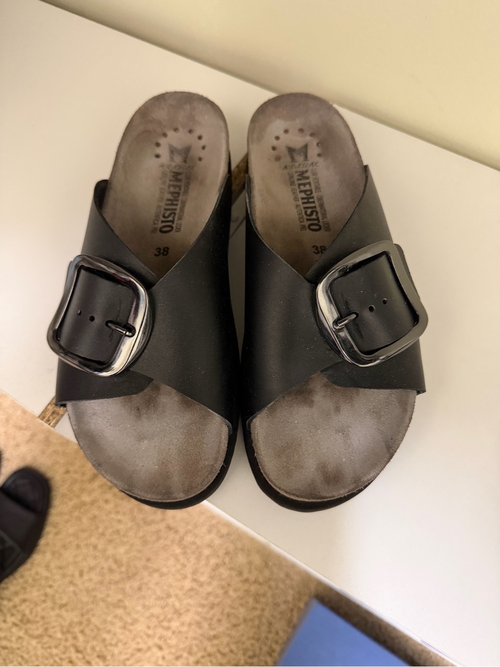 Mephisto Black Leather Slide Sandals with Oversized Buckles